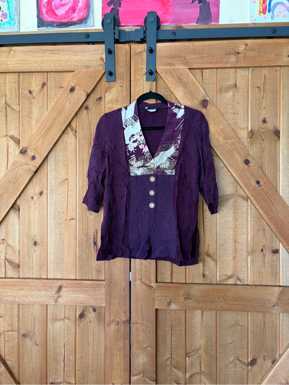 Purple Short-Sleeve Button-Front V-Neck Blouse with Patterned Trim